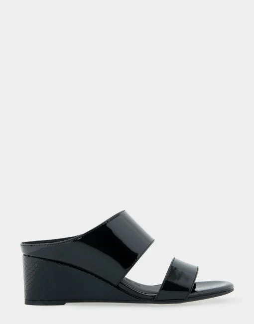 Comfortable Women's Two Band Mid Wedge Slide Sandal in Black Patent Faux Leather