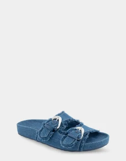 Comfortable Women's Two Band Molded Footbed Sandal in Denim Fabric Denim Fabric