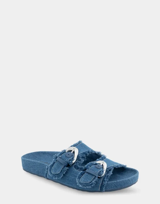 Comfortable Women's Two Band Molded Footbed Sandal in Denim Fabric Denim Fabric