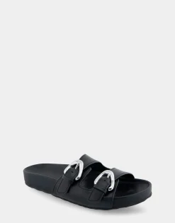 Comfortable Women's Two Band Molded Footbed Sandal in Black Leather