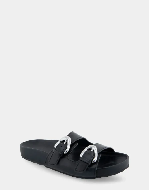 Comfortable Women's Two Band Molded Footbed Sandal in Black Leather