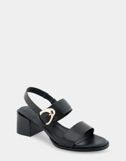 Comfortable Women's Two Band Slingback Block Heel Sandal in Black Leather