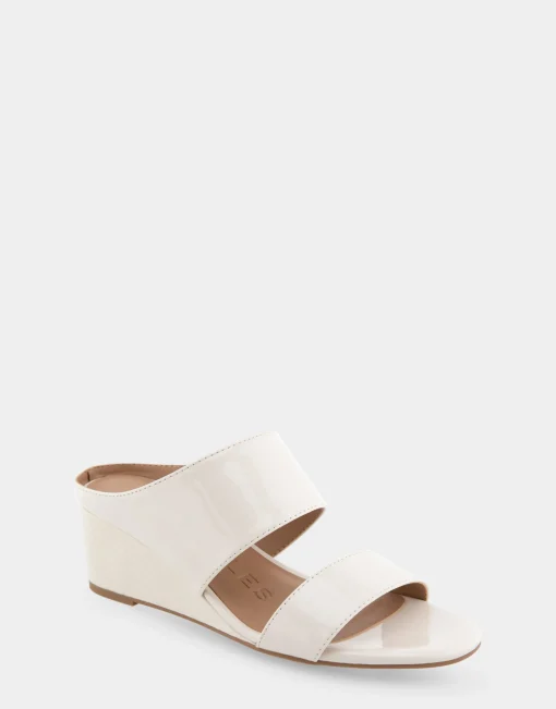 Comfortable Women's Two Band Mid Wedge Slide Sandal in Eggnog Patent Faux Leather