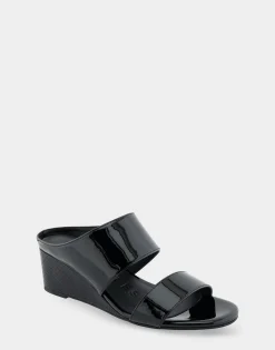 Comfortable Women's Two Band Mid Wedge Slide Sandal in Black Patent Faux Leather