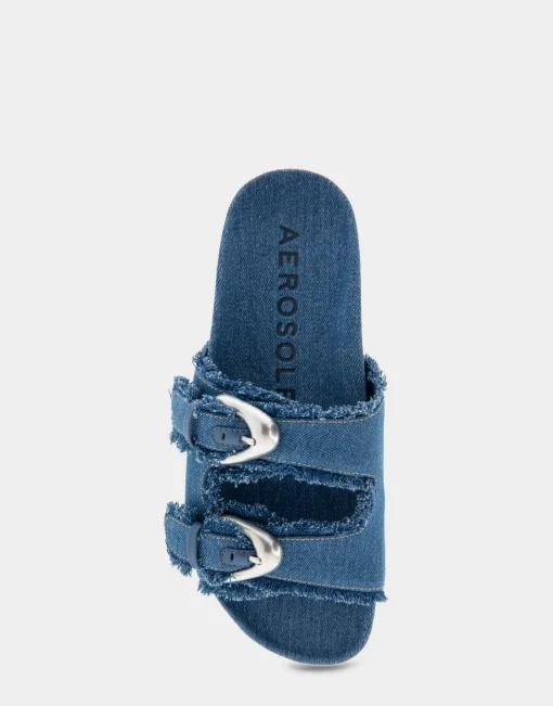 Comfortable Women's Two Band Molded Footbed Sandal in Denim Fabric Denim Fabric