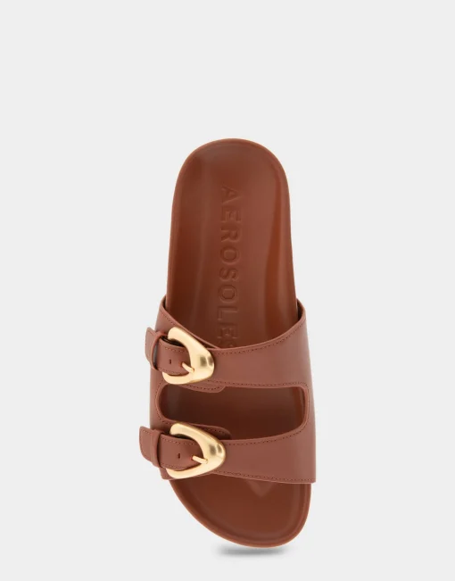 Comfortable Women's Two Band Molded Footbed Sandal in Gingerbread Leather