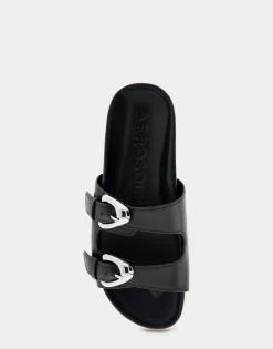 Comfortable Women's Two Band Molded Footbed Sandal in Black Leather