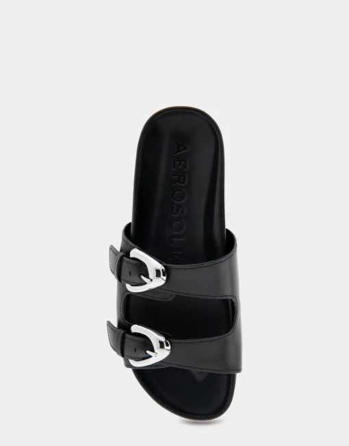 Comfortable Women's Two Band Molded Footbed Sandal in Black Leather