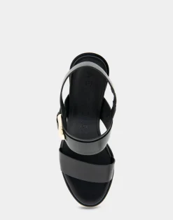 Comfortable Women's Two Band Slingback Block Heel Sandal in Black Leather