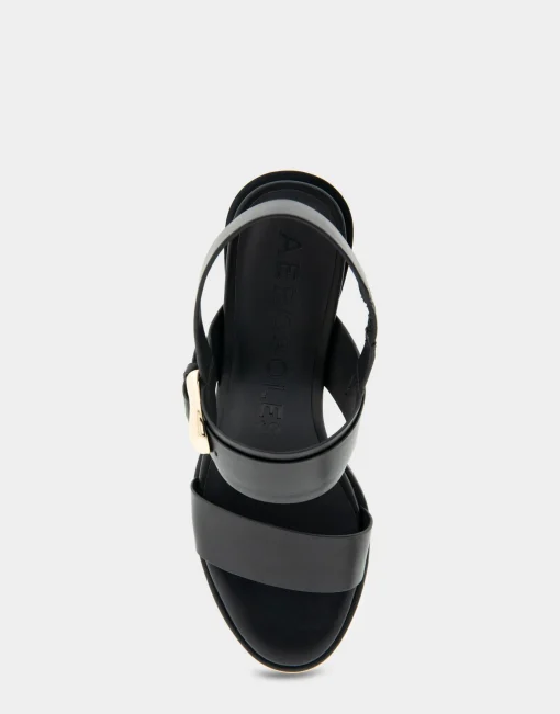 Comfortable Women's Two Band Slingback Block Heel Sandal in Black Leather