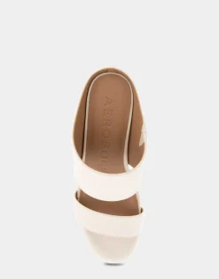 Comfortable Women's Two Band Mid Wedge Slide Sandal in Eggnog Patent Faux Leather