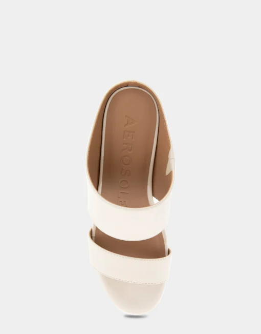 Comfortable Women's Two Band Mid Wedge Slide Sandal in Eggnog Patent Faux Leather