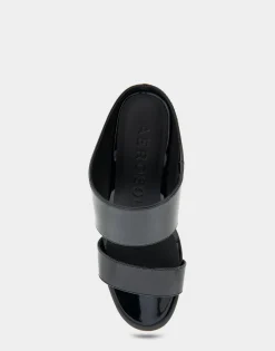 Comfortable Women's Two Band Mid Wedge Slide Sandal in Black Patent Faux Leather