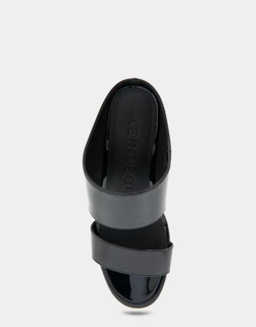 Comfortable Women's Two Band Mid Wedge Slide Sandal in Black Patent Faux Leather