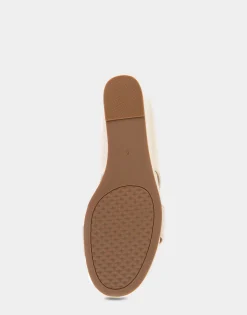 Comfortable Women's Two Band Mid Wedge Slide Sandal in Eggnog Patent Faux Leather