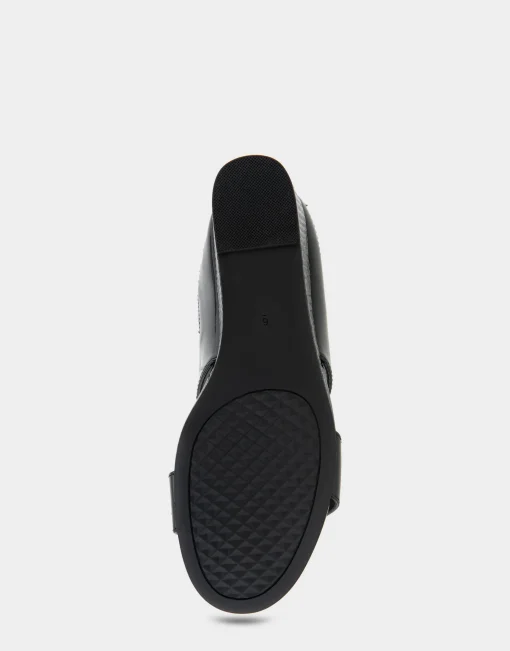 Comfortable Women's Two Band Mid Wedge Slide Sandal in Black Patent Faux Leather