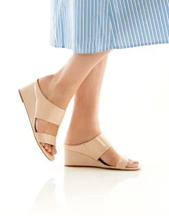 Comfortable Women's Two Band Mid Wedge Slide Sandal in Cipria Faux Leather