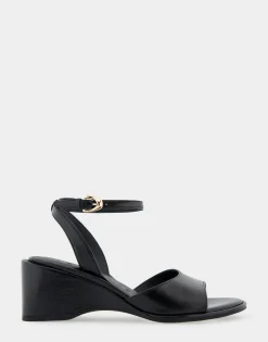 Comfortable Women's Two Piece Ankle Strap Wedge Sandal in Black Leather
