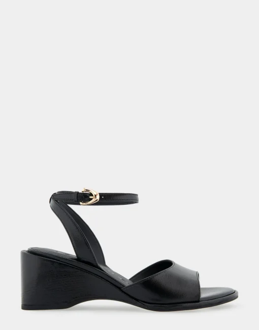 Comfortable Women's Two Piece Ankle Strap Wedge Sandal in Black Leather