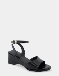 Comfortable Women's Two Piece Ankle Strap Wedge Sandal in Black Leather