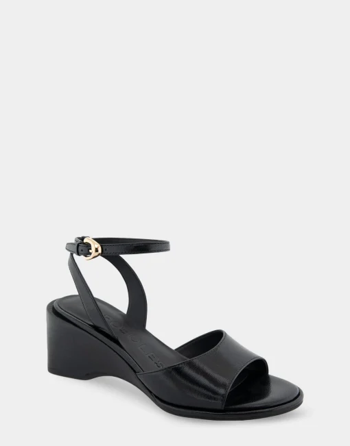 Comfortable Women's Two Piece Ankle Strap Wedge Sandal in Black Leather
