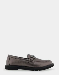 Comfortable Women's Ultralight Lug Loafer With Horsebit Detail in Gunmetal Pebbled Faux Leather Faux Leather