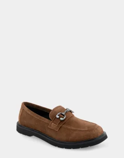 Comfortable Women's Ultralight Lug Loafer With Horsebit Detail in Tobacco Faux Suede Faux Suede