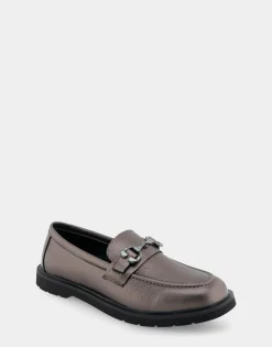 Comfortable Women's Ultralight Lug Loafer With Horsebit Detail in Gunmetal Pebbled Faux Leather Faux Leather