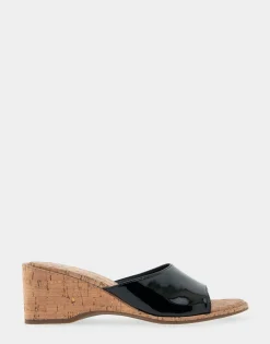 Comfortable Women's Wedge Slide Sandal in Black Patent Faux Leather