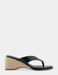 Comfortable Women's Wedge Thong Sandal in Black Faux Leather