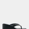 Comfortable Women's Wedge Thong Sandal in Black Allover Faux Leather