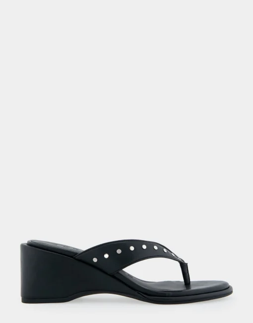 Comfortable Women's Wedge Thong Sandal in Black Allover Faux Leather