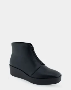 Comfortable Women's Wedge Heel Ankle Boot in Black Faux Leather