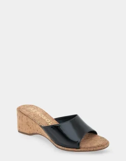 Comfortable Women's Wedge Slide Sandal in Black Patent Faux Leather