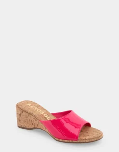 Comfortable Women's Wedge Slide Sandal in Virtual Pink Patent Faux Leather