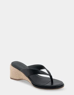 Comfortable Women's Wedge Thong Sandal in Black Faux Leather