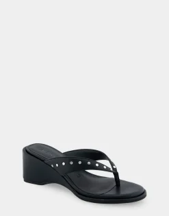 Comfortable Women's Wedge Thong Sandal in Black Allover Faux Leather