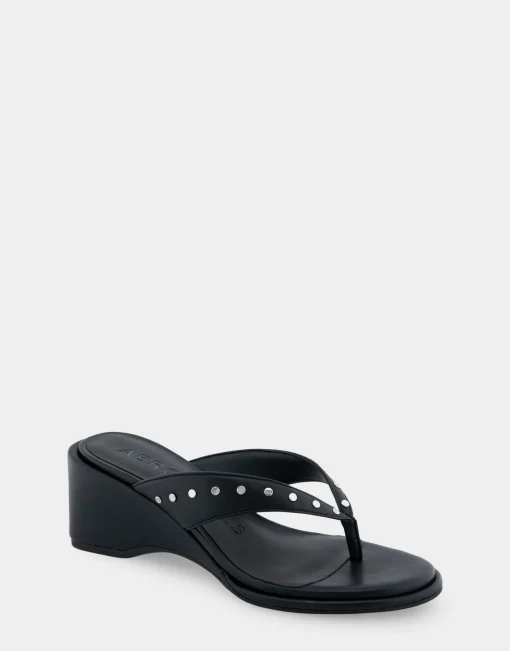 Comfortable Women's Wedge Thong Sandal in Black Allover Faux Leather