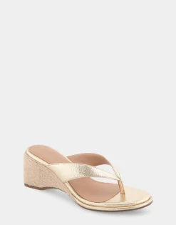 Comfortable Women's Wedge Thong Sandal in Soft Gold Faux Leather