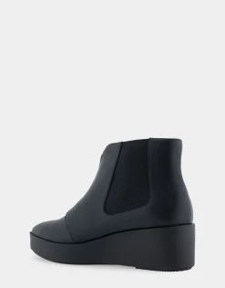 Comfortable Women's Wedge Heel Ankle Boot in Black Faux Leather