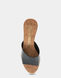 Comfortable Women's Wedge Slide Sandal in Black Patent Faux Leather