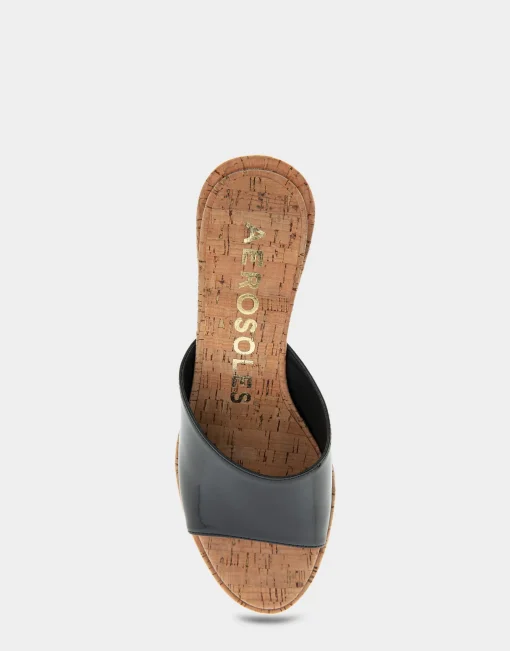 Comfortable Women's Wedge Slide Sandal in Black Patent Faux Leather