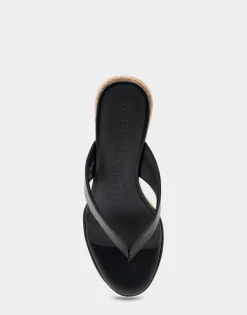 Comfortable Women's Wedge Thong Sandal in Black Faux Leather