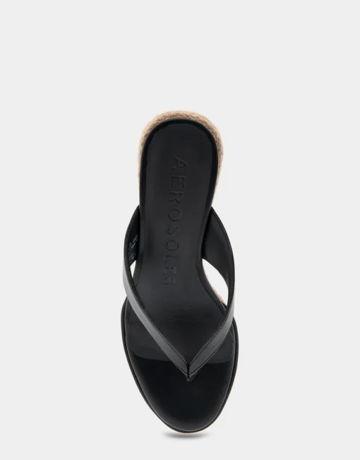 Comfortable Women's Wedge Thong Sandal in Black Faux Leather