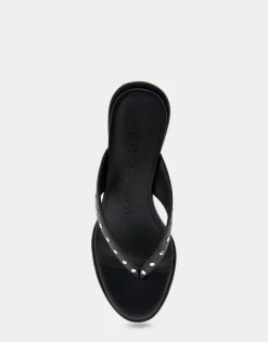 Comfortable Women's Wedge Thong Sandal in Black Allover Faux Leather