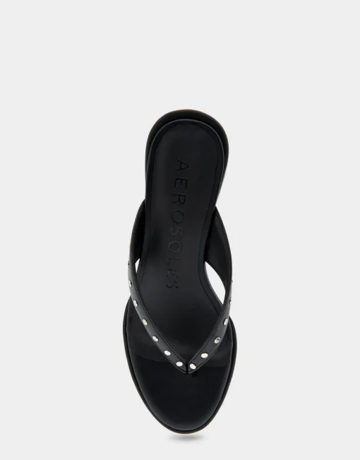 Comfortable Women's Wedge Thong Sandal in Black Allover Faux Leather