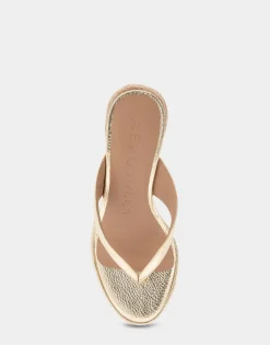 Comfortable Women's Wedge Thong Sandal in Soft Gold Faux Leather