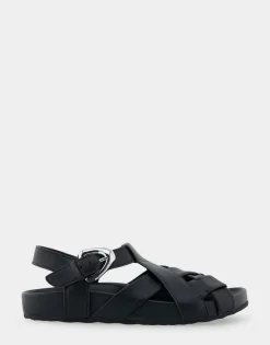 Comfortable Women's Woven Fisherman Footbed Sandal in Black Leather
