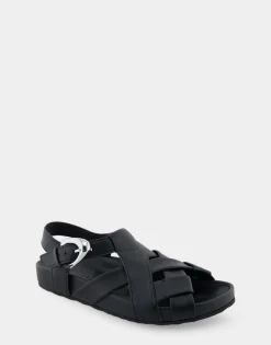 Comfortable Women's Woven Fisherman Footbed Sandal in Black Leather