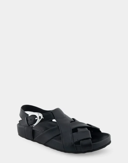 Comfortable Women's Woven Fisherman Footbed Sandal in Black Leather